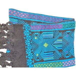 Scarf Handwoven Tribal-Inspired Patterned With Fringe Black, Blue &‎ Pink